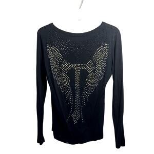 Wrangler Henley Tee Womens SZ L Western Bling Angel Wing Studded Y2K Grunge